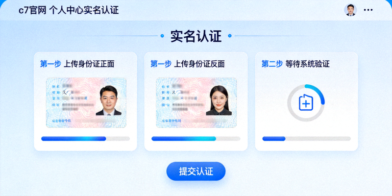 c7官网个人中心实名认证界面截图，显示身份证上传与验证步骤