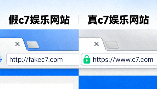 对比真假c7娱乐网站页面，突出显示网址栏锁形标志和正确域名